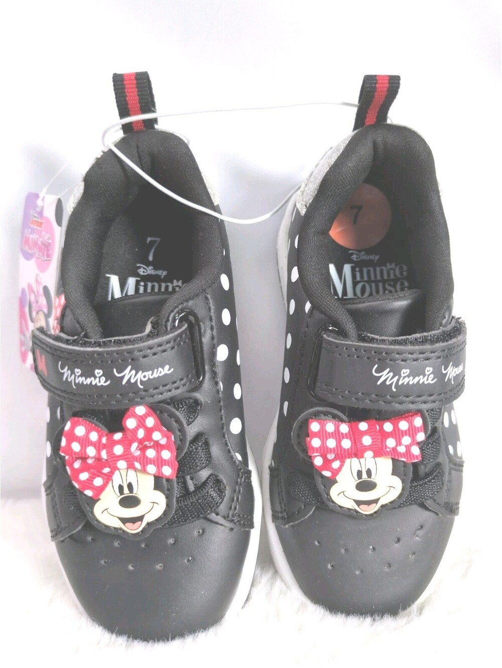 Disney Minnie Mouse Bow Style Girls Sneakers Size 7 Black & White Polka Dot New